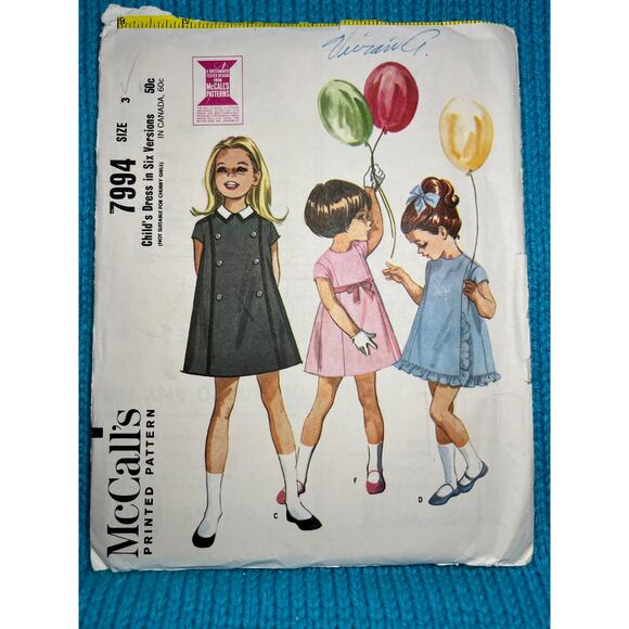 McCalls 7994 Sewing pattern girls dress A line 1960s Size 3 - Picture 1 of 8